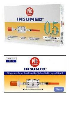 SIRINGA PER INSULINA PIC INSUMED 0,5 ML 100 UI AGO GAUGE 30 LUNGHEZZA 8 MM SENZA SPAZIO MORTO 3 SACCHETTI DA 10 PEZZI - fitfarma.it