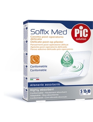 CEROTTO PIC SOFFIX MED IN TNT CON TAMPONE CENTRALE ASSORBENTE STERILE MONOUSO 10X10 CM ANTIBATTERICO 5 PEZZI - fitfarma.it