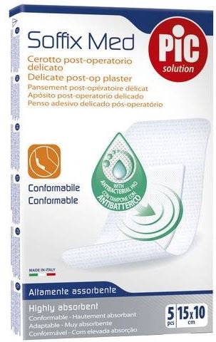 CEROTTO PIC SOFFIX MED IN TNT CON TAMPONE CENTRALE ASSORBENTE STERILE MONOUSO 10X15 CM ANTIBATTERICO 5 PEZZI - fitfarma.it