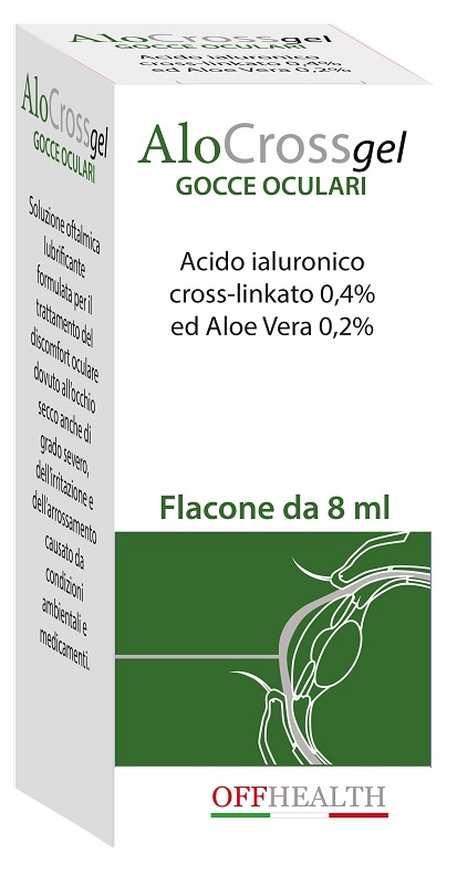 SOLUZIONE OFTALMICA LUBRIFICANTE ALOCROSS ACIDO IALURONICO SALE SODICO CROSS LINKATO 0,20% ED ALOE VERA 1 FLACONE 8 ML - fitfarma.it
