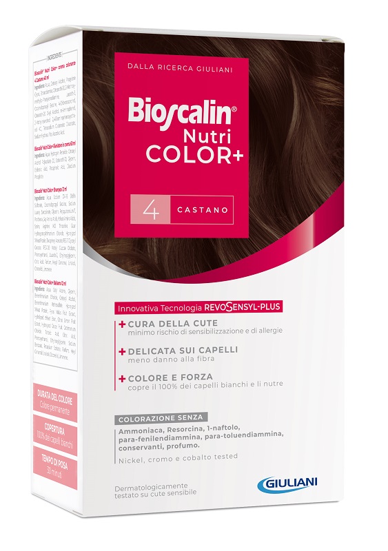 BIOSCALIN NUTRICOLOR PLUS 4 CASTANO CREMA COLORANTE 40 ML + RIVELATORE CREMA 60 ML + SHAMPOO 12 ML + TRATTAMENTO FINALE BALSAMO 12 ML - fitfarma.it