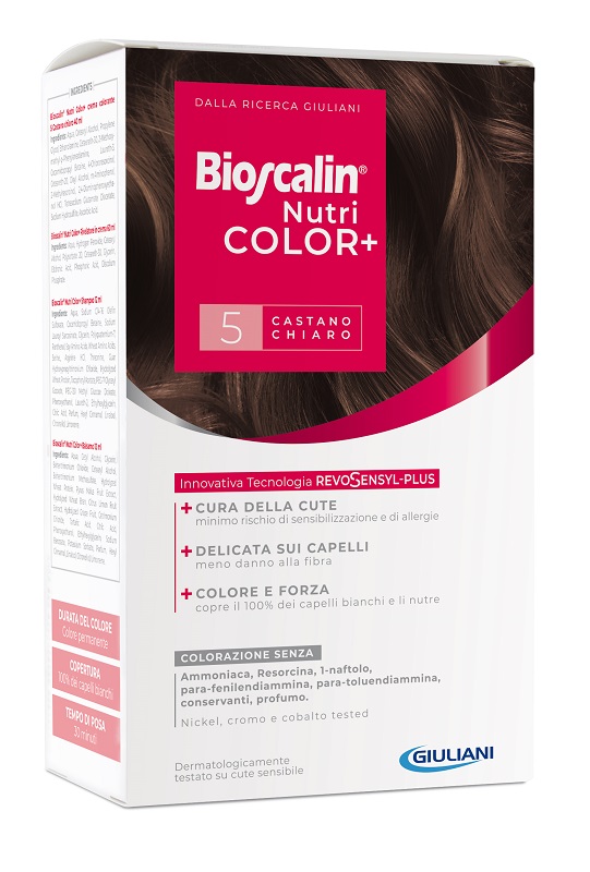 BIOSCALIN NUTRICOLOR PLUS 5 CASTANO CHIARO CREMA COLORANTE 40 ML + RIVELATORE CREMA 60 ML + SHAMPOO 12 ML + TRATTAMENTO FINALE BALSAMO 12 ML - fitfarma.it