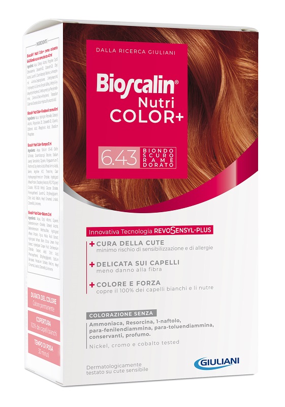 BIOSCALIN NUTRICOLOR PLUS 6,43 BIONDO SCURO RAME DORATO CREMA COLORANTE 40 ML + RIVELATORE CREMA 60 ML + SHAMPOO 12 ML + TRATTAMENTO FINALE BALSAMO 12 ML - fitfarma.it