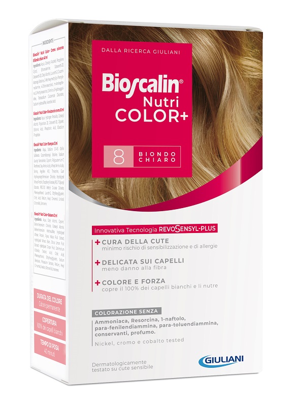 BIOSCALIN NUTRICOLOR PLUS 8 BIONDO CHIARO CREMA COLORANTE 40 ML + RIVELATORE CREMA 60 ML + SHAMPOO 12 ML + TRATTAMENTO FINALE BALSAMO 12 ML - fitfarma.it