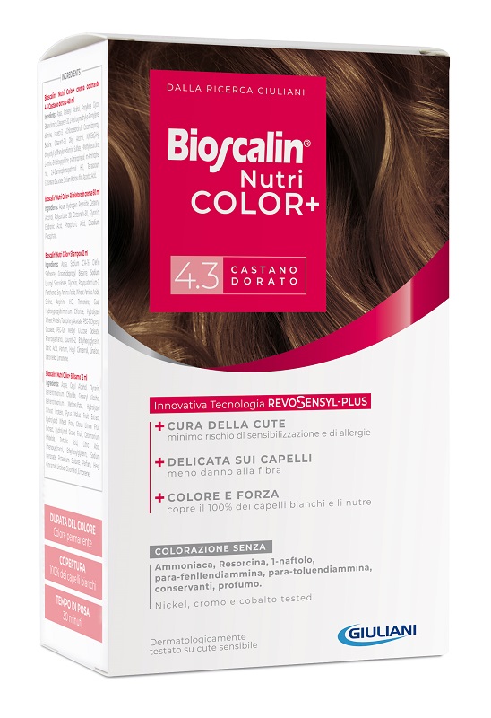 BIOSCALIN NUTRICOLOR PLUS 4,3 CASTANO DORATO CREMA COLORANTE 40 ML + RIVELATORE CREMA 60 ML + SHAMPOO 12 ML + TRATTAMENTO FINALE BALSAMO 12 ML - fitfarma.it