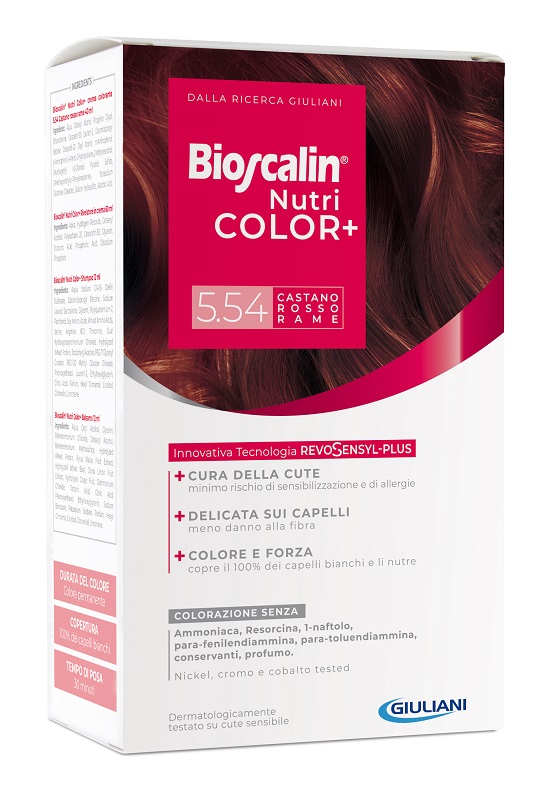BIOSCALIN NUTRICOLOR PLUS 5,54 CASTANO ROSSO RAME CREMA COLORANTE 40 ML + RIVELATORE CREMA 60 ML + SHAMPOO 12 ML + TRATTAMENTO FINALE BALSAMO 12 ML - fitfarma.it