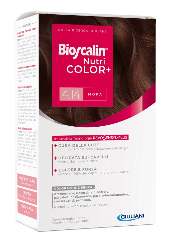 BIOSCALIN NUTRICOLOR PLUS 4,14 MOKA CREMA COLORANTE 40 ML + RIVELATORE CREMA 60 ML + SHAMPOO 12 ML + TRATTAMENTO FINALE BALSAMO 12 ML - fitfarma.it