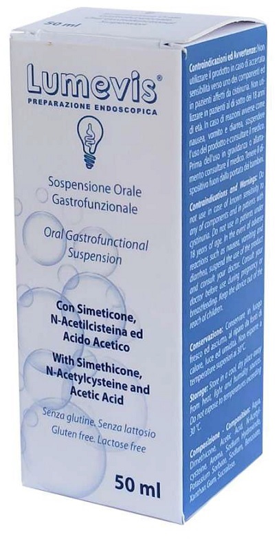 LUMEVIS SOSPENSIONE ORALE MONOUSO A BASE DI SIMETICONE N-ACETILCISTEINA E ACIDO ACETICO DA UTILIZZARE IN PREPARAZIONE DI ESAMI CLINICI AMBITO GASTROSCOPICO 50 ML - fitfarma.it