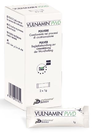 VULNAMIN PWD MEDICAZIONE INTERATTIVA IN POLVERE DI SODIO JALURONATO E AMINOACIDI 2 STICK PACK - fitfarma.it