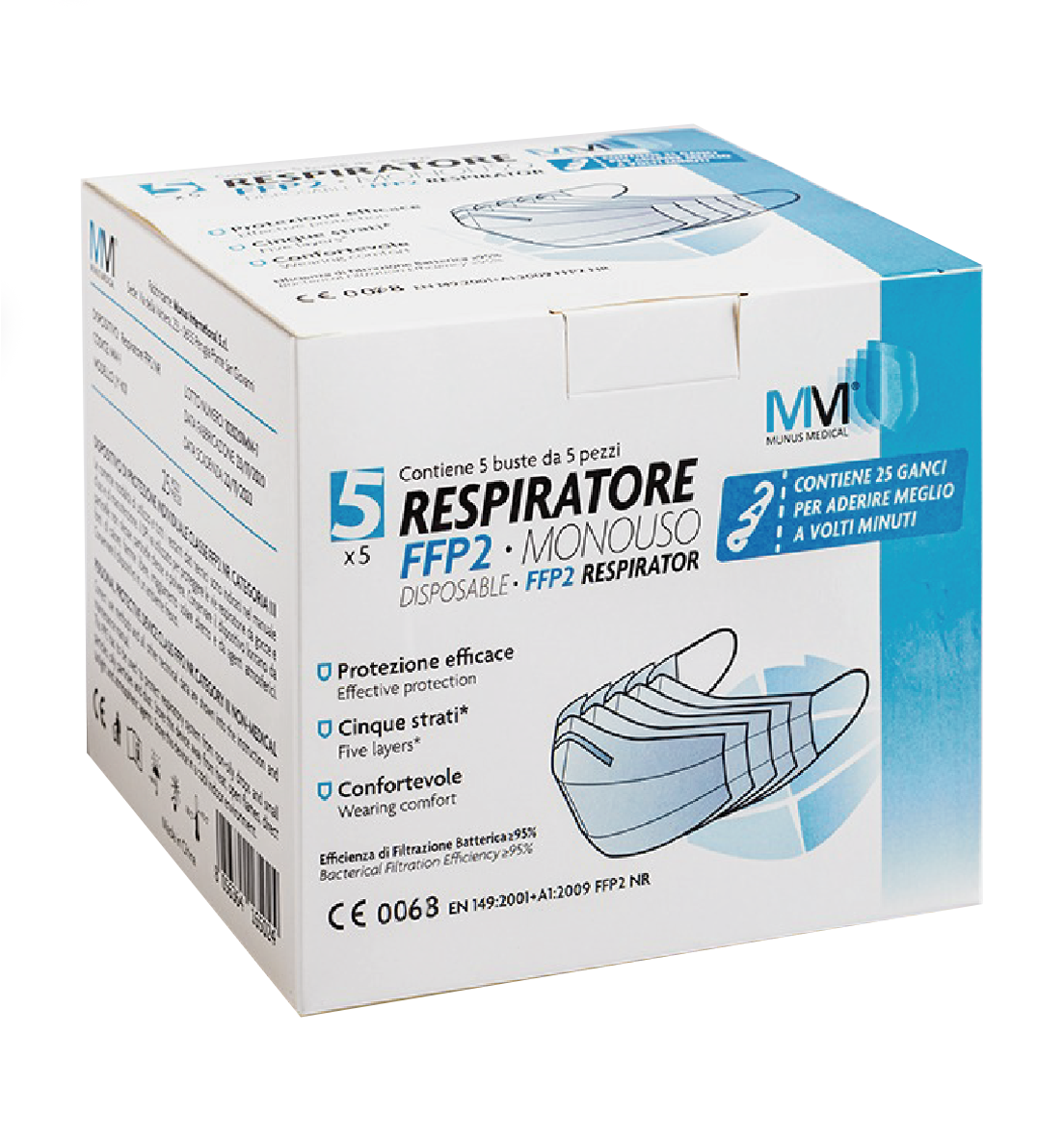 MUNUS MED RESPIRATORE FFP2 CLASSE III + GANCIO ADATTATORE 5 BUSTE DA 5 PEZZI - fitfarma.it